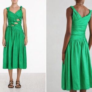 Zimmerman Linen Tiggy Bow Assimetrical Neck Line Green  Resort Dress M